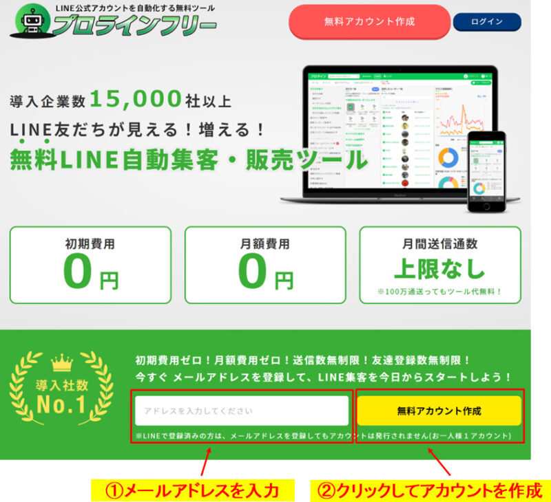 プロラインフリーの登録画面