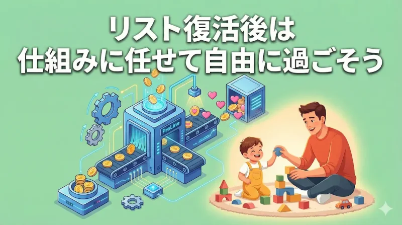 リスト復活後は仕組みに任せて自由に過ごそう（プロラインフリーの自動化で子供と遊ぶ時間の図解）