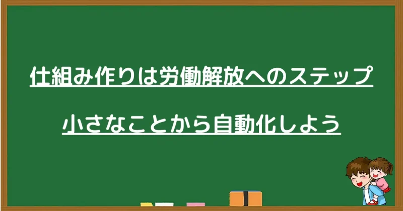 仕組み作りは労働解放へのステップ。小さなことから自動化しようと伝えるまとめ画像
