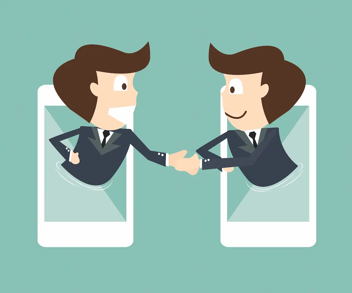 スマホから握手するビジネスマンのイラスト：プロラインフリーの挨拶メッセージで信頼を築く型を解説