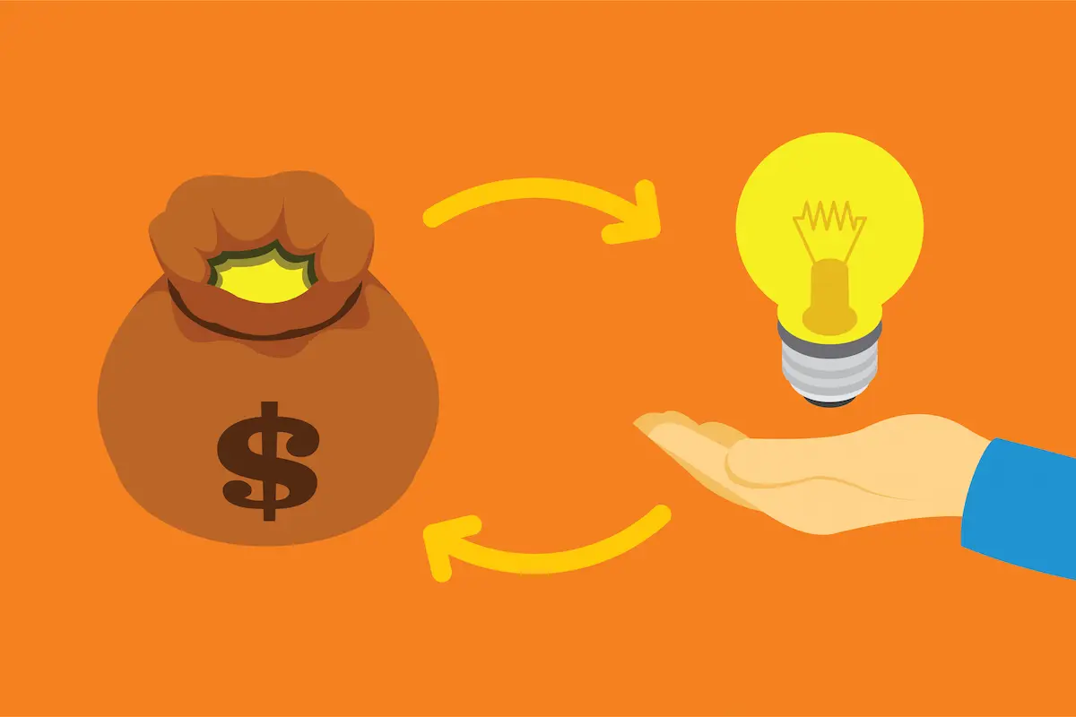 プロラインフリーの料金プラン。無料でできることと有料プランの違いを、お金と価値（電球）の交換でイメージしたイラスト