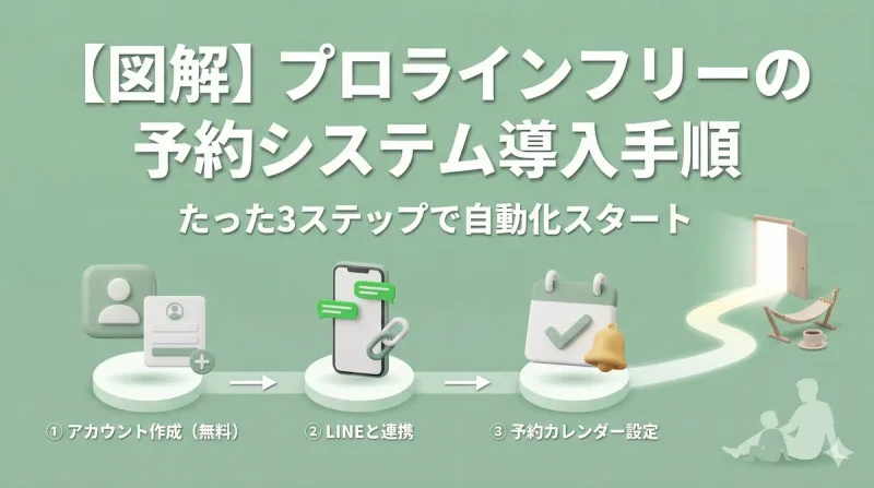 プロラインフリーで予約システムを導入する3ステップ（アカウント作成・LINE連携・予約カレンダー設定）の図解