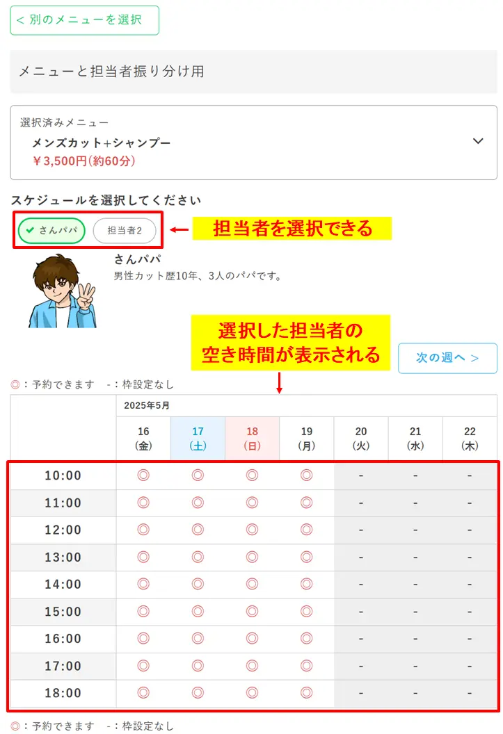 実際の予約画面。ユーザーが「担当者ボタン」を選択すると、その人の空き時間がカレンダーに即座に表示される例