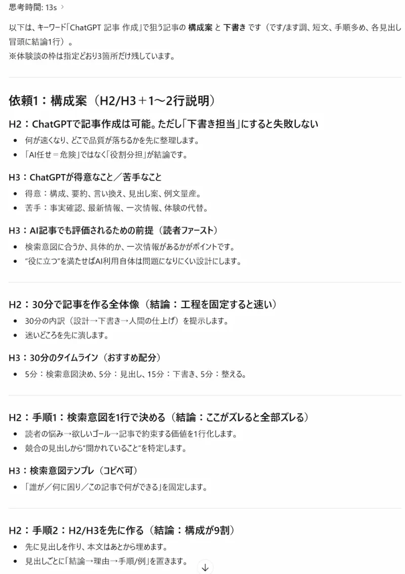 ChatGPTで作成したブログ記事の構成案と下書きの冒頭画面