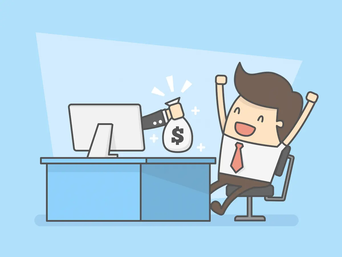 パソコンから副業報酬を受け取り喜ぶパパのイラスト。子育てパパが副業を始めるべき理由を解説するアイキャッチ画像。