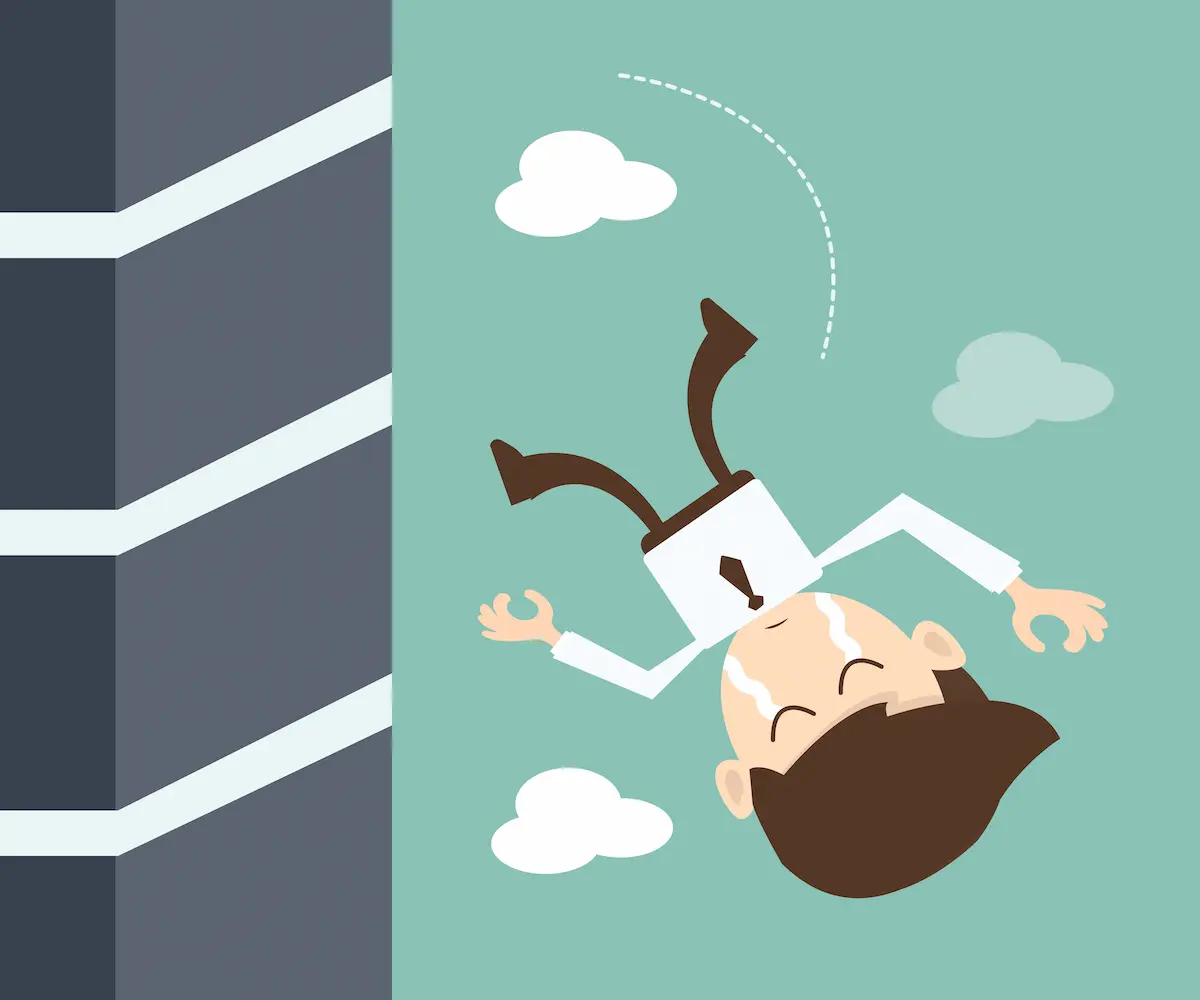 副業で努力しても成果が出ず、挫折して壁から落ちてしまう様子を描いたアイキャッチ画像