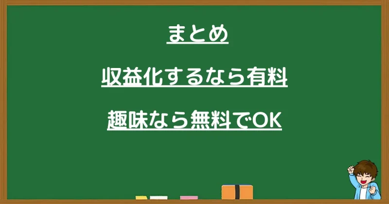 収益化なら有料、趣味なら無料でOKというブログ選びの結論をまとめた黒板の画像