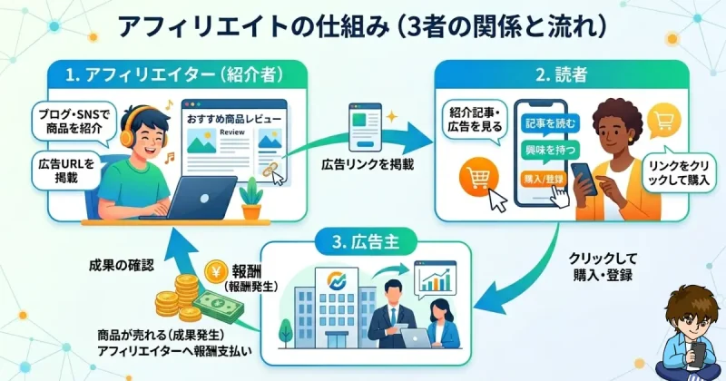 アフィリエイター・読者・広告主の流れで分かるアフィリエイトの仕組み図（紹介→購入/登録→報酬）